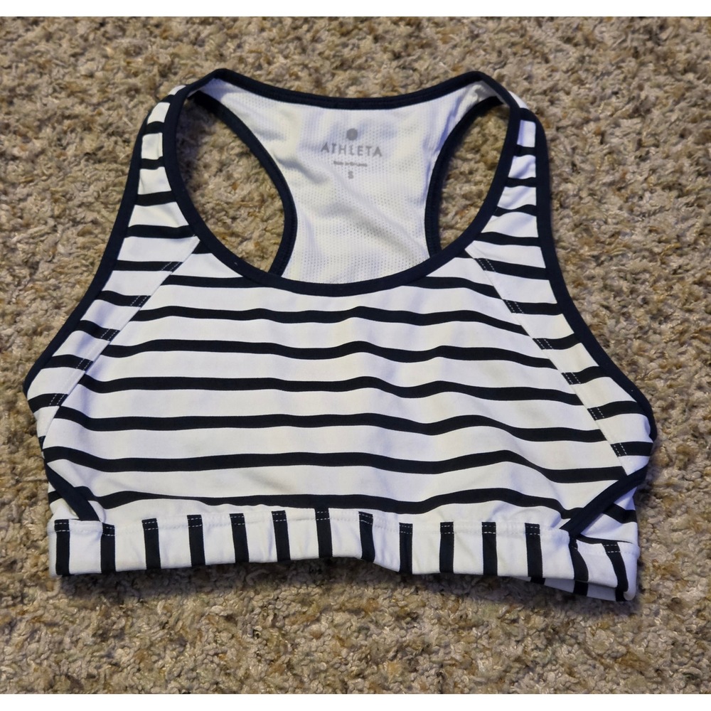 Athleta Hyper Stripe Double Dare Sports Bra‎ Women's Size Small White Navy